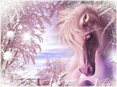 Sparkling fantasy moving picture of horse in the snow 